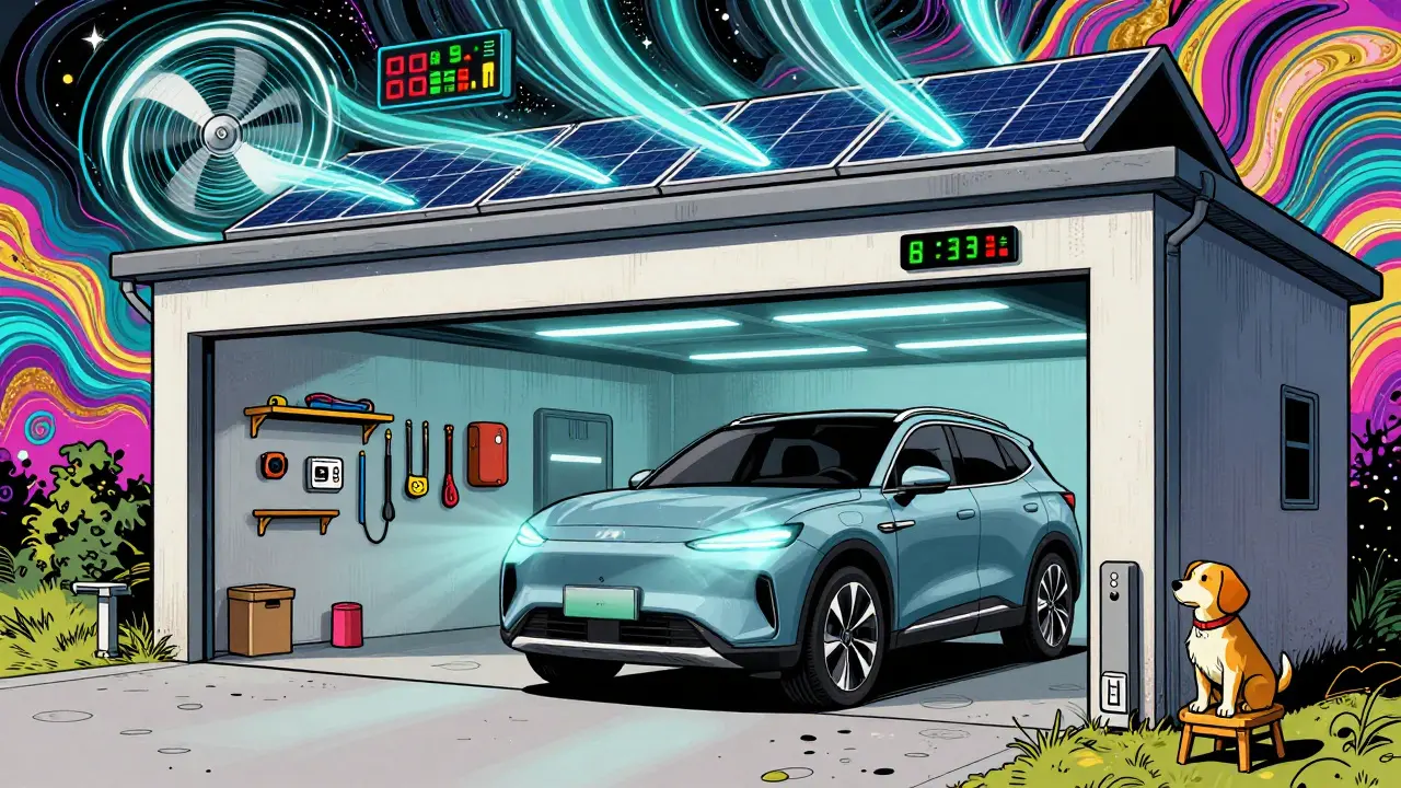 Умный гараж с кроссовером, солнечными панелями, вентиляцией и психоделическим освещением, всё в ярких цветах.