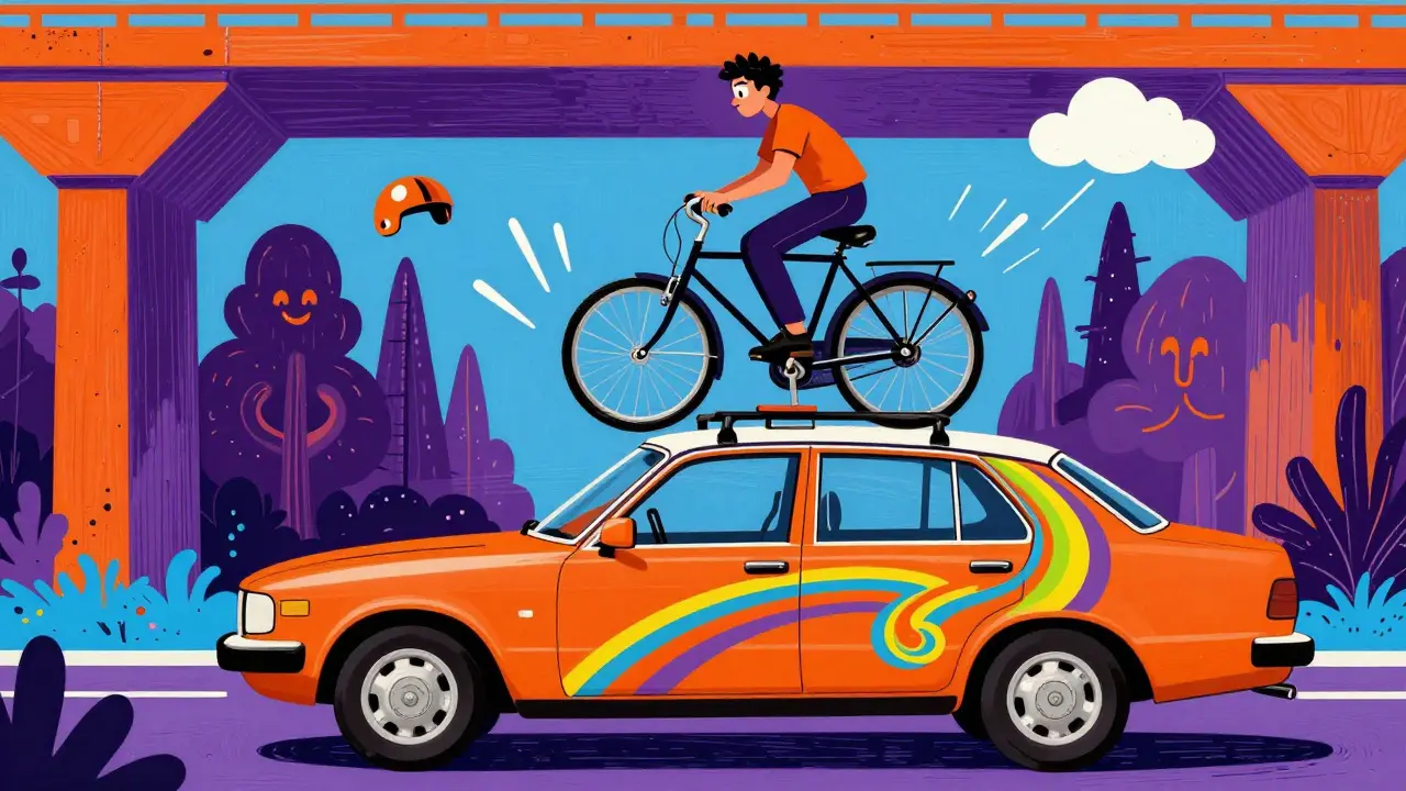 Велосипед на крыше машины под низким мостом, человек стоит на табурете в психоделическом пейзаже