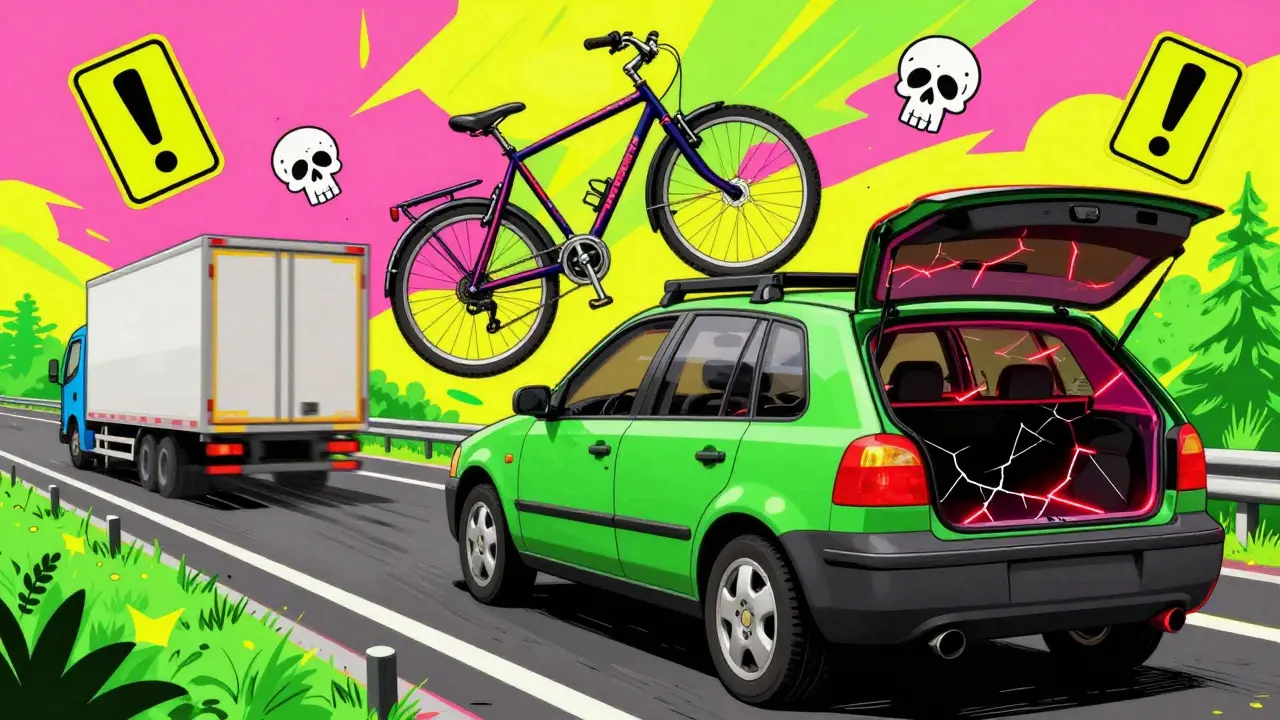 Велосипед падает с дверного крепления на трассу, машина с царапинами в ярком психоделическом стиле