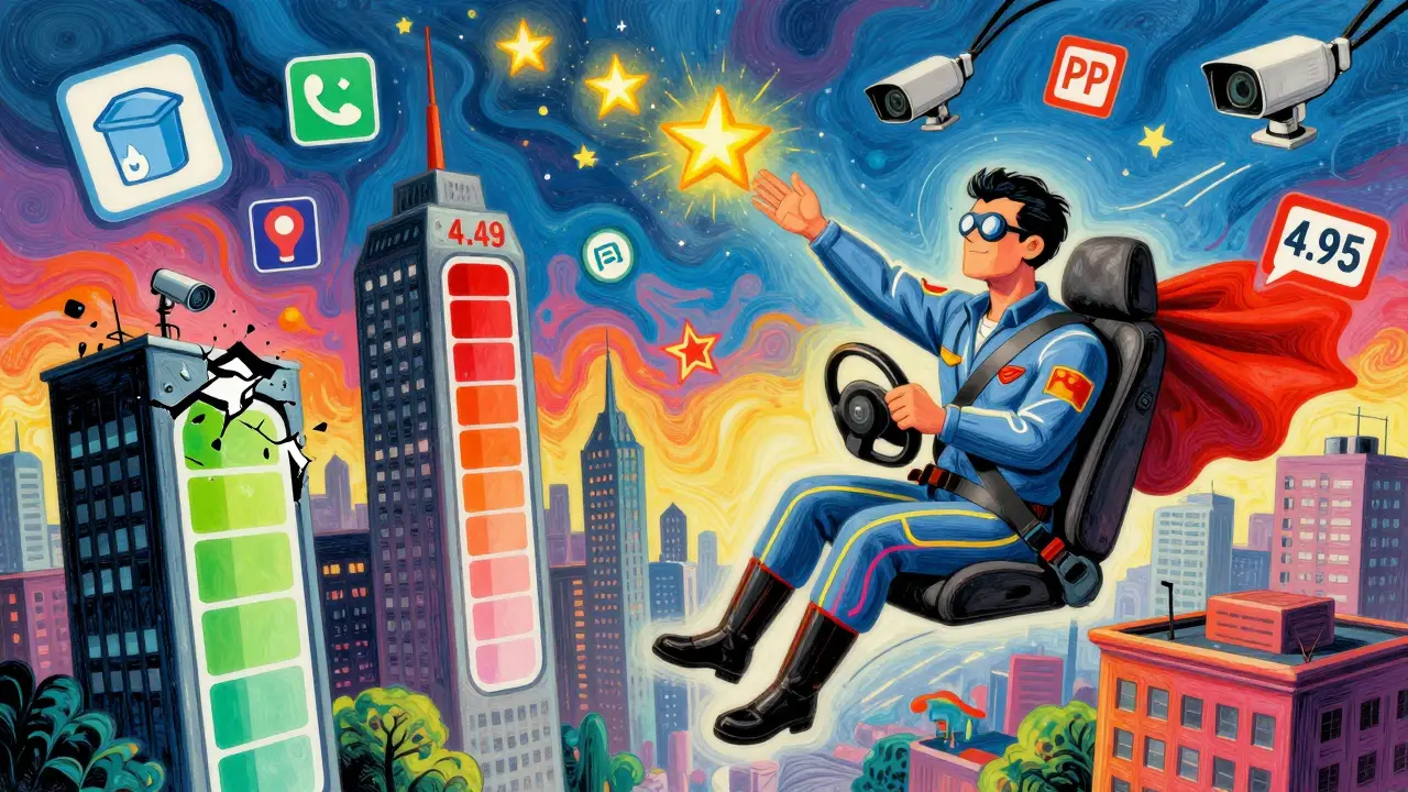 Водитель-супергерой раздает пятизвёздочные оценки над городом, где здания — это шкалы рейтинга, в стиле Питера Макса.