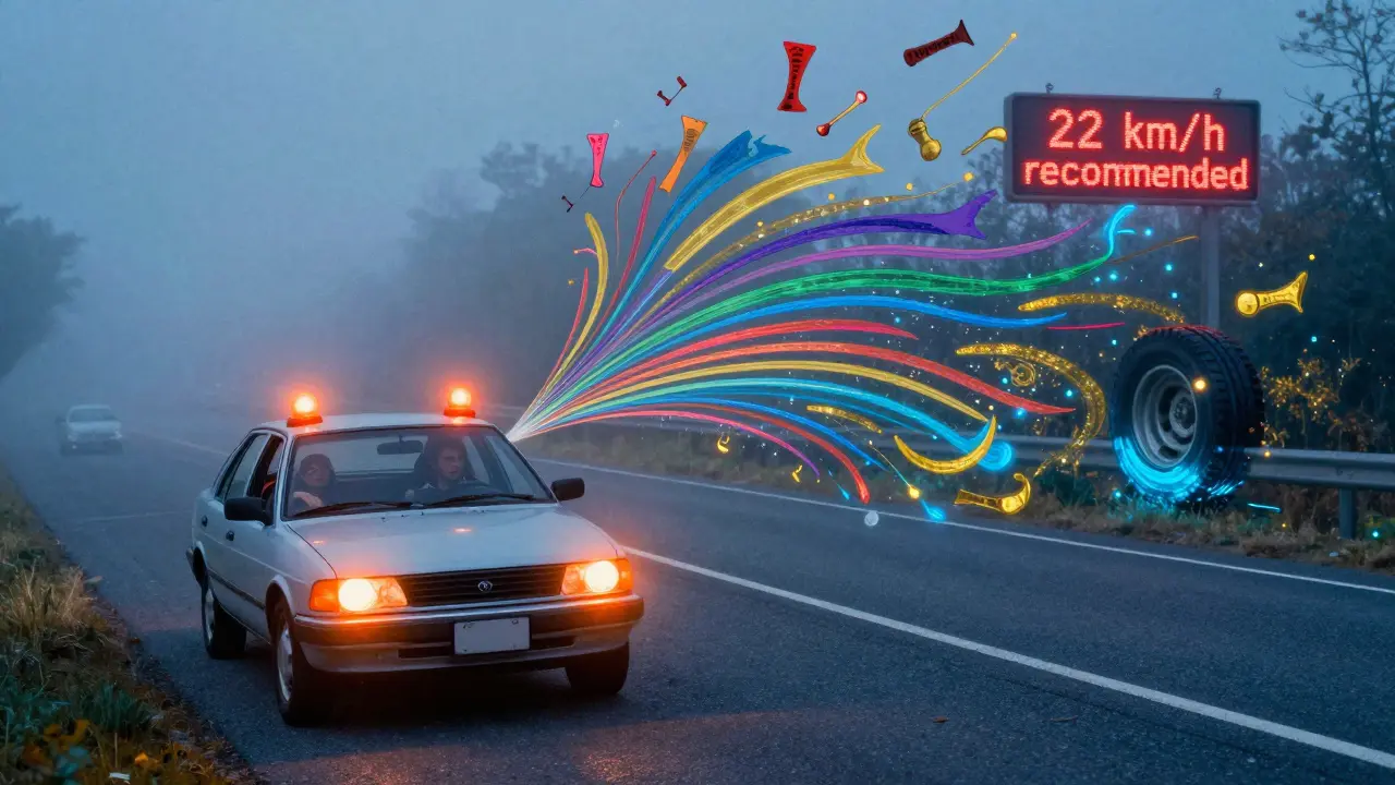 Автомобиль на обочине с аварийной сигнализацией, звуки тормозов и сирен изображены как цветные волны в тумане.