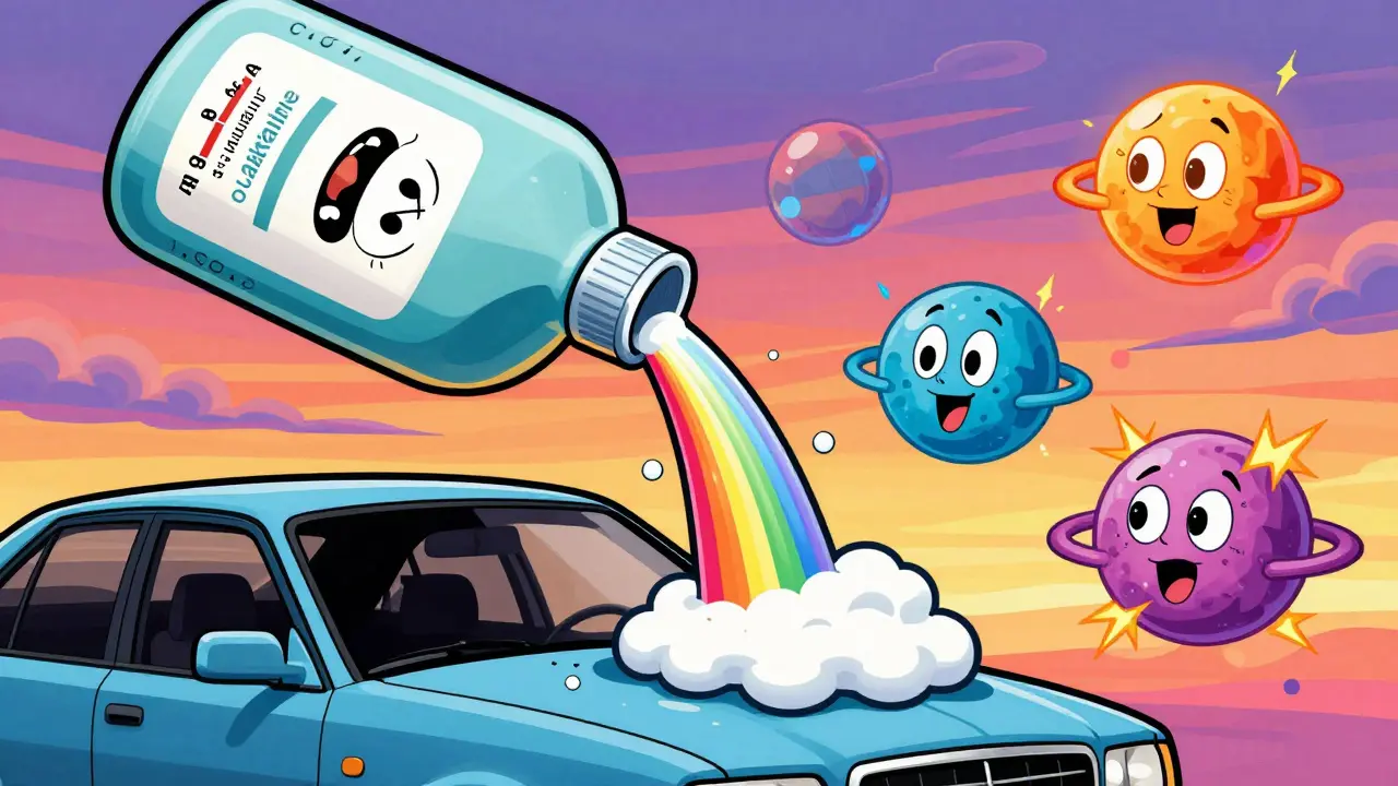 Бутылка шампуня с лицом, выливающая пену, рядом с плавающими символами pH.