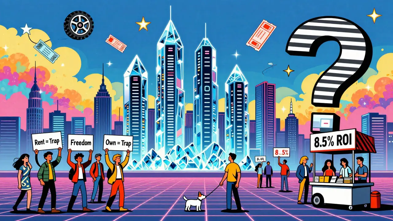 Футуристический паркинг 2025 года с людьми, держащими знаки 'Аренда = Свобода', в стиле Питера Макс с радужными небесами.