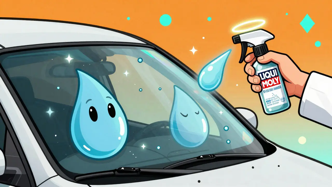 Крупный план лобового стекла с улыбающимися каплями воды и светящимися наночастицами в психоделическом стиле.