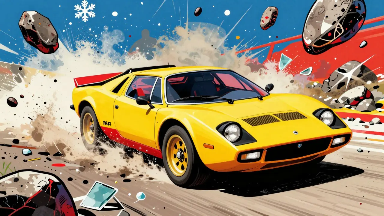 Lancia Stratos в ярком ралли с летящими камнями и абстрактными взрывами пыли