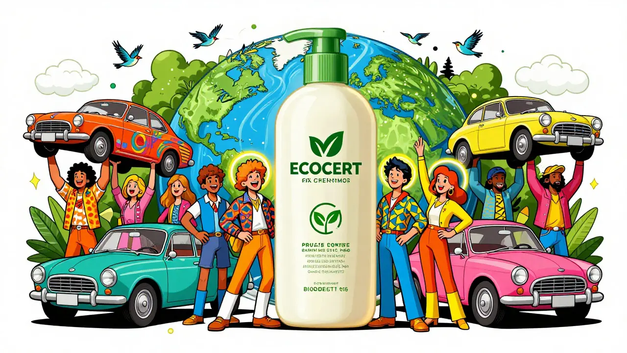 Люди с машинами рядом с экологичной этикеткой, на фоне земного шара и чистых рек.