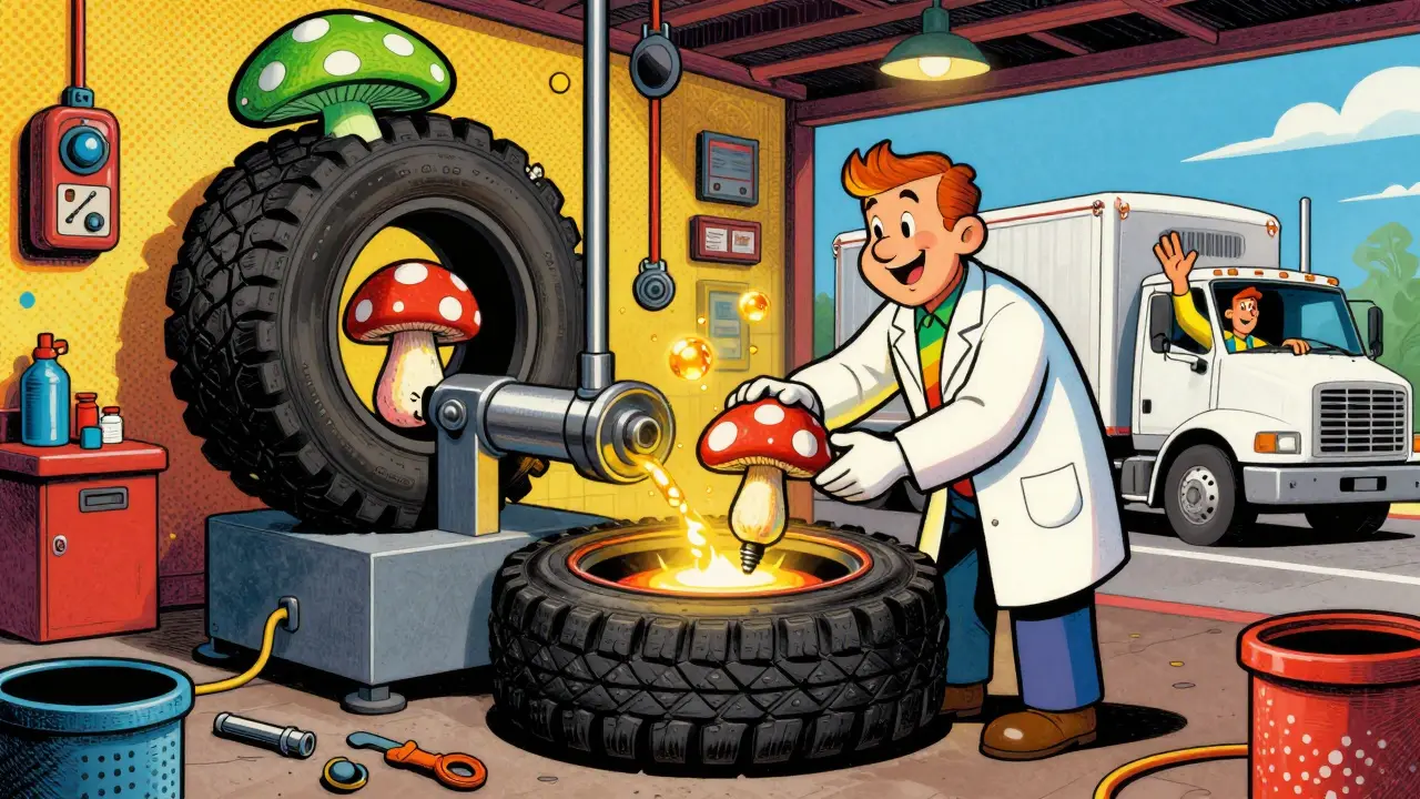 Мастер в красочной лаборатории устанавливает грибок в шину под прессом, всё в психоделическом стиле.