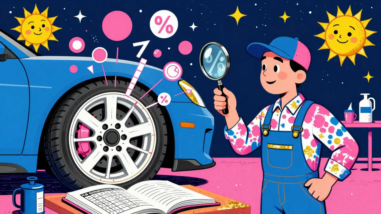 Механик с лупой разглядывает схему размеров шин в психоделической мастерской