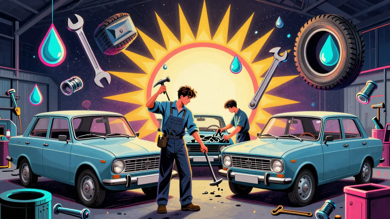 Механики чинят Москвич-412 в гараже, вокруг — психоделические формы инструментов и деталей.