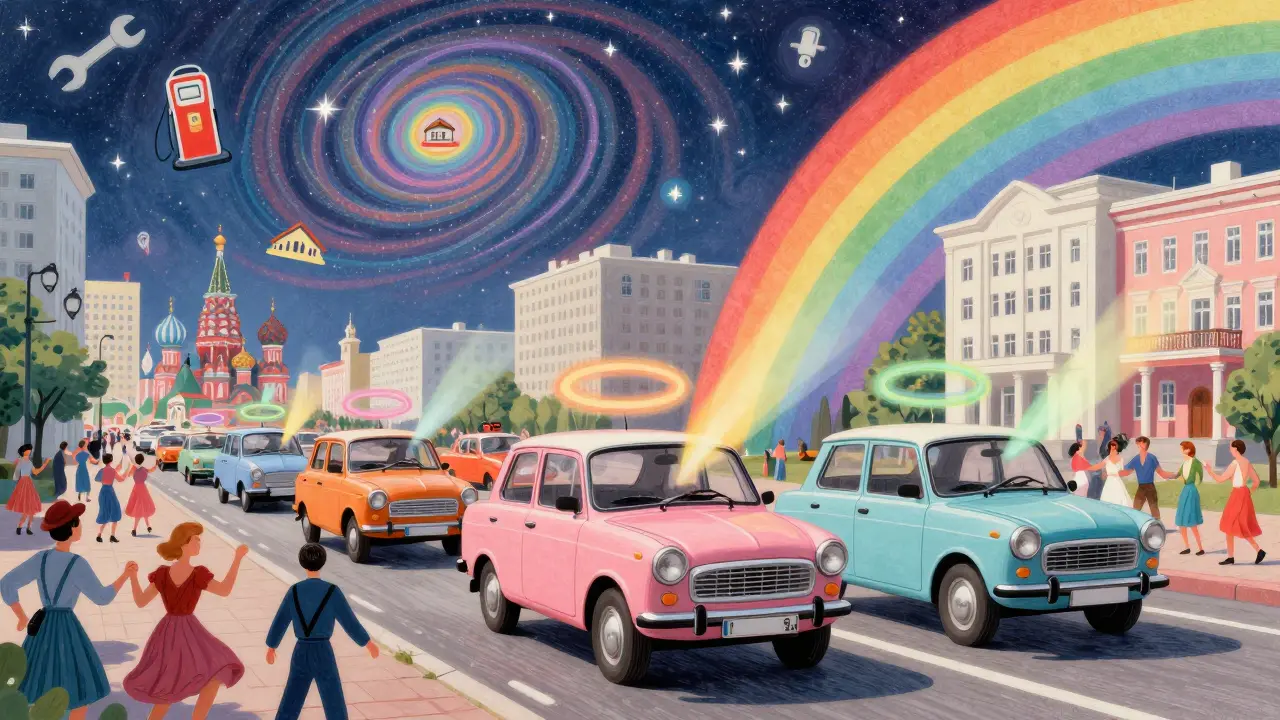 Парад Москвичей-412 с разных заводов едет под радужным небом, толпа танцует на тротуаре.