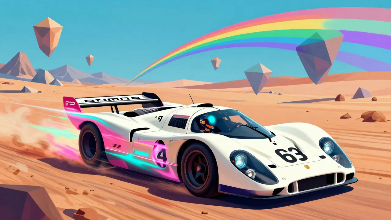 Porsche 917K несется через психоделический пейзаж с радужными вихрями скорости