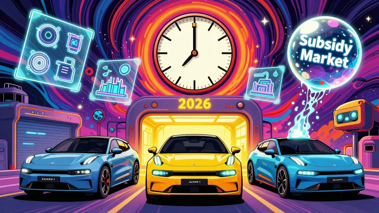 Премиум-электромобили в гараже под голографическим пузырем 'Субсидии', с китайскими деталями и часами 2026 года.