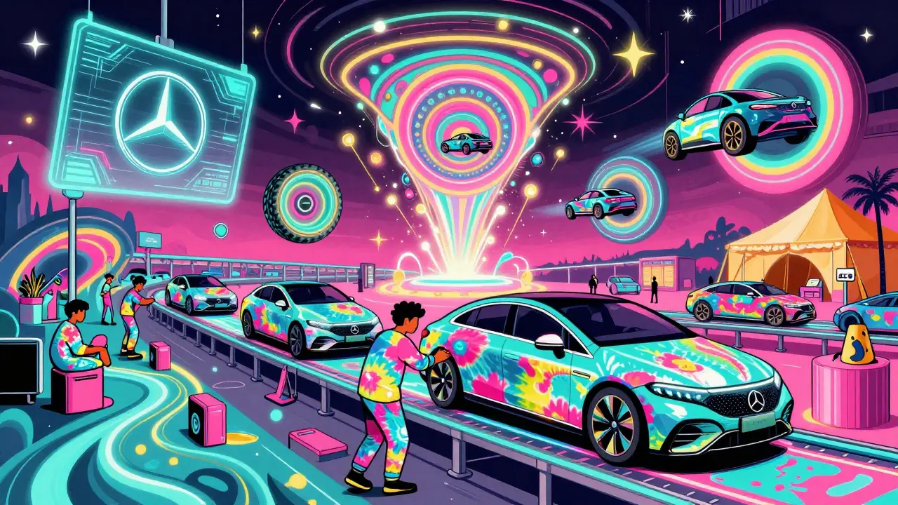 Психеделическая сборочная линия с электромобилями EQS, светящимися конвейерами и летающими логотипами Mercedes-Benz Mobility.