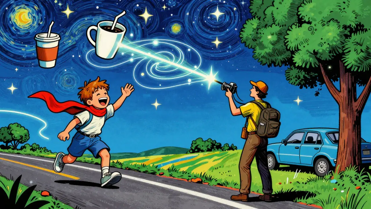 Путешественник с камерой, окруженный всплывающими воспоминаниями в ярком психоделическом стиле.