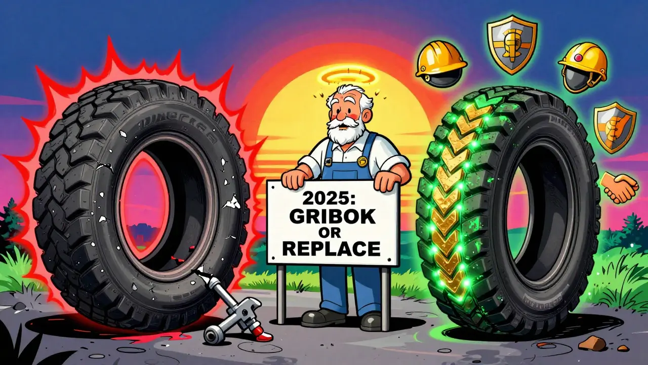 Разделённая сцена: сломанная шина слева, восстановленная — справа, с символами безопасности и психоделическим закатом.