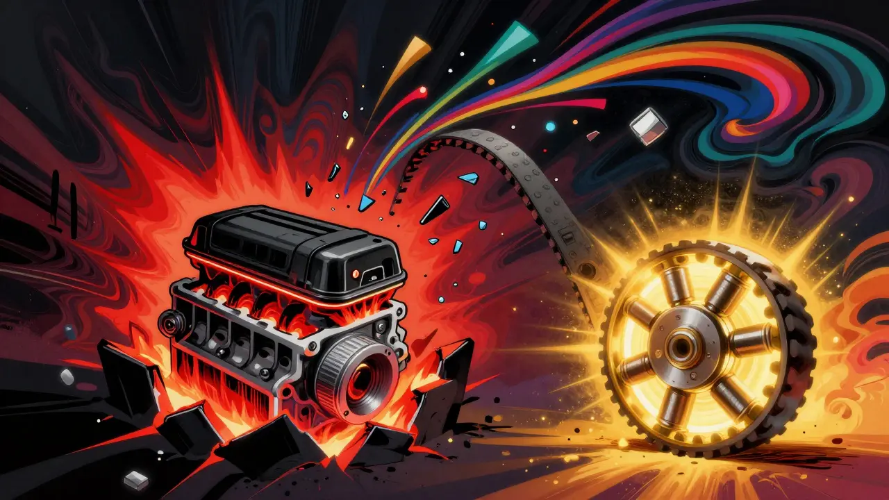 Разорванный ремень ГРМ с разлетающимися лентами, контрастирующий с новым, светящимся ремнём.