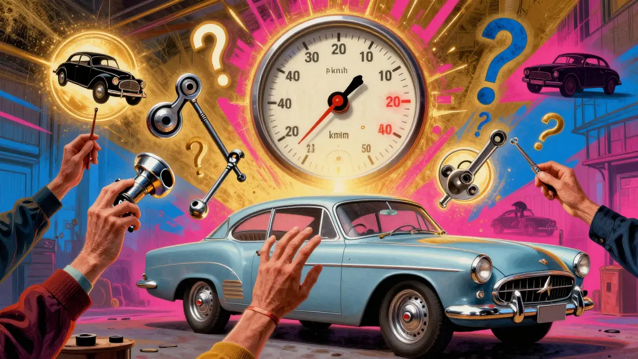 Ретро-мастерская с парящими инструментами и гигантским спидометром, символизирующая уходящую эпоху механического автопроизводства.