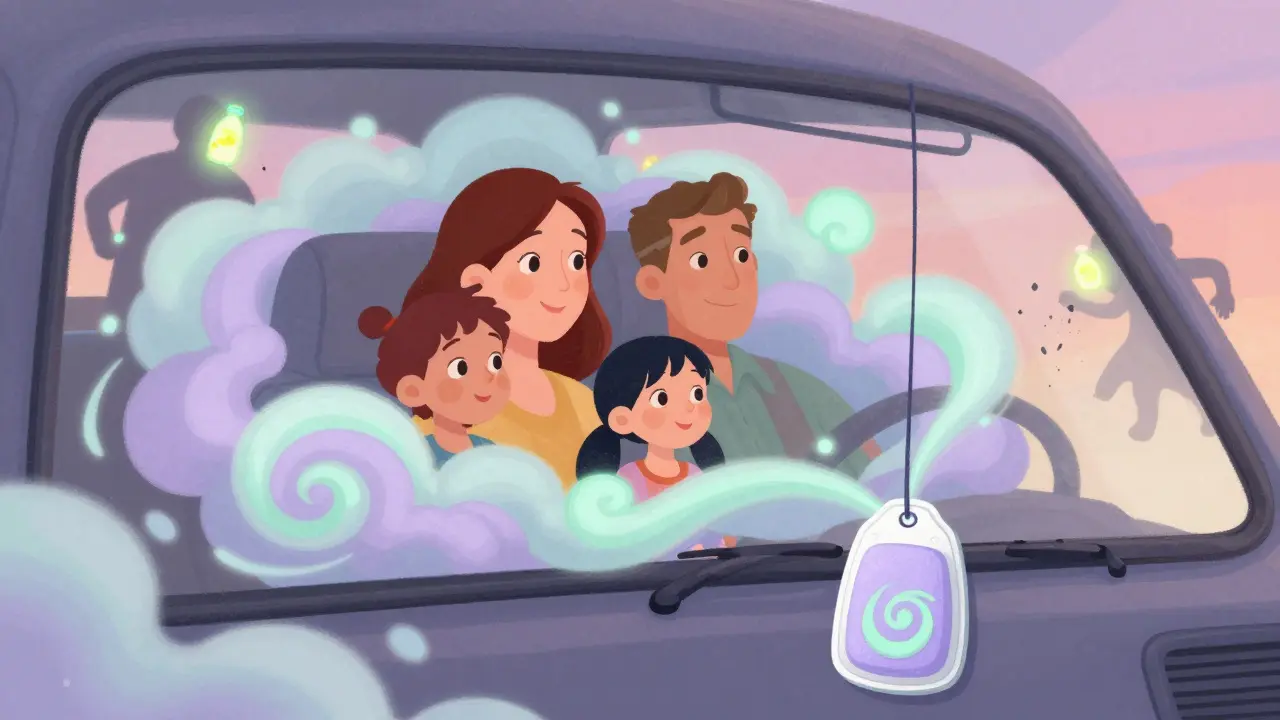 Семья в машине с мягким ароматом, исходящим от мембранного ароматизатора, в то время как поддельные продукты тают в пыль за окном.