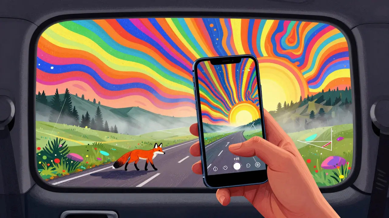 Смартфон в машине снимает пейзаж, окруженный психоделическими узорами и световыми лучами.