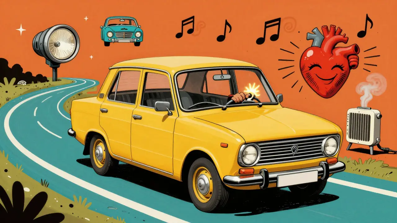 Советский ВАЗ-2101 на дороге с визуализацией двигателя как улыбающегося сердца и звуков выхлопа в виде музыкальных нот.