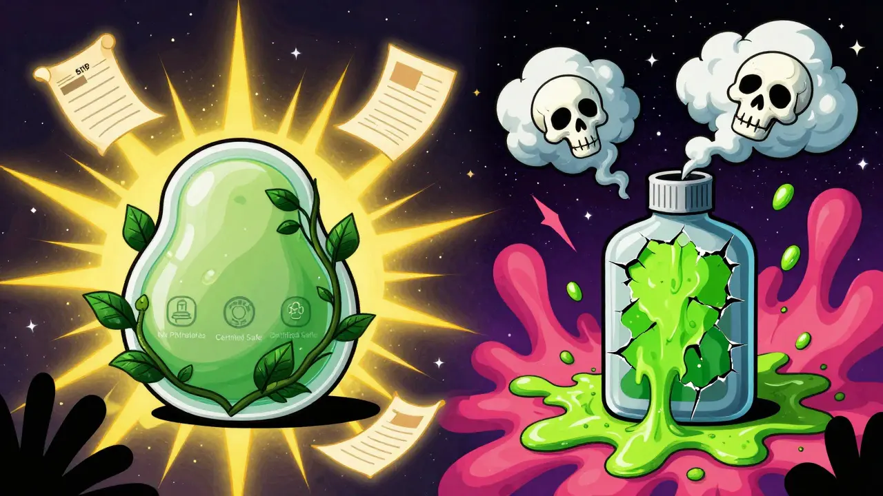 Сравнение безопасного и поддельного ароматизатора: один с зелеными листьями и светом, другой — с ядовитыми облаками и разбитой бутылкой.
