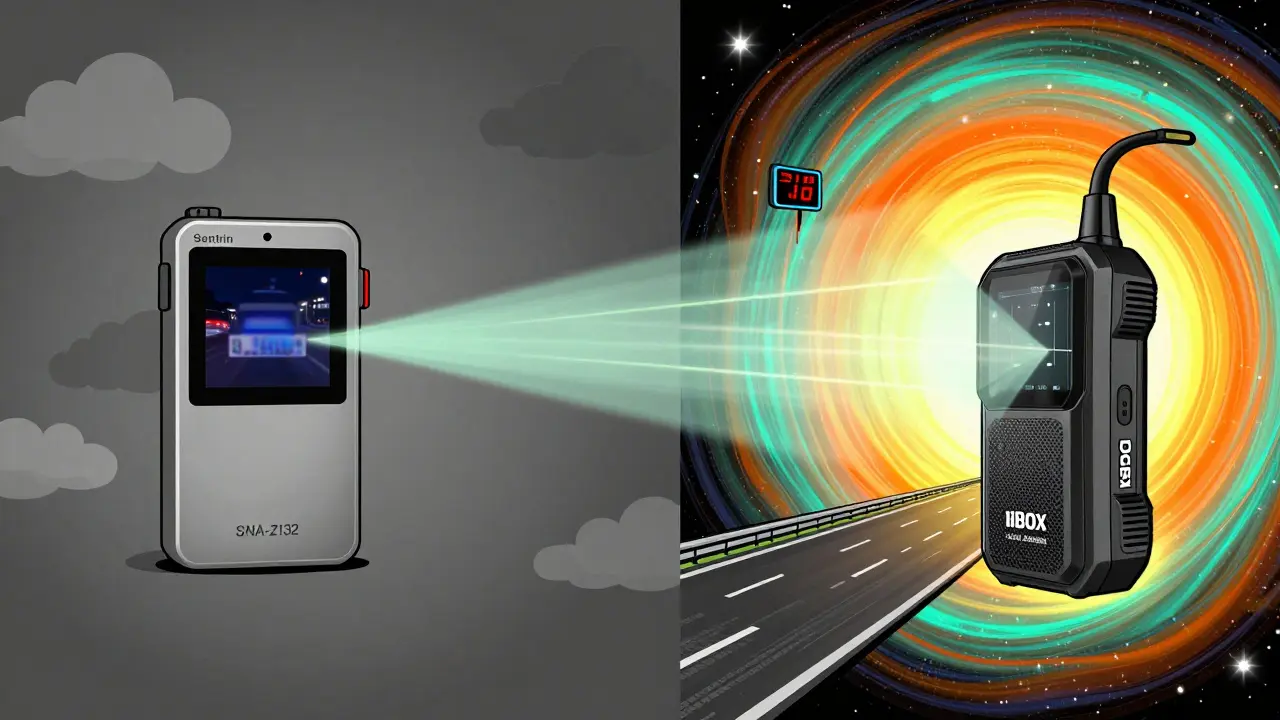 Сравнение бюджетного и премиум-регистратора: один с тусклой записью, другой с яркими лазерными радарами.