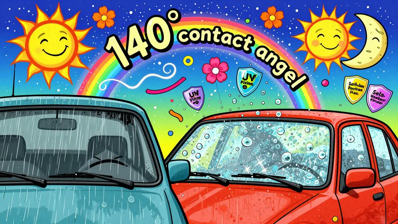 Сравнение грязного и чистого стекла: слева — размытый дождь, справа — капли-шарики, фон в ярких психоделических узорах.