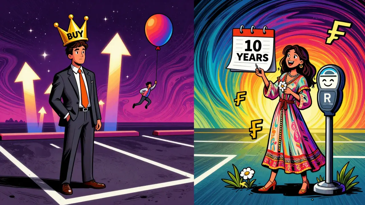 Сравнение покупки и аренды парковочного места в психоделическом стиле: один человек с короной, другой с договором и цветами.