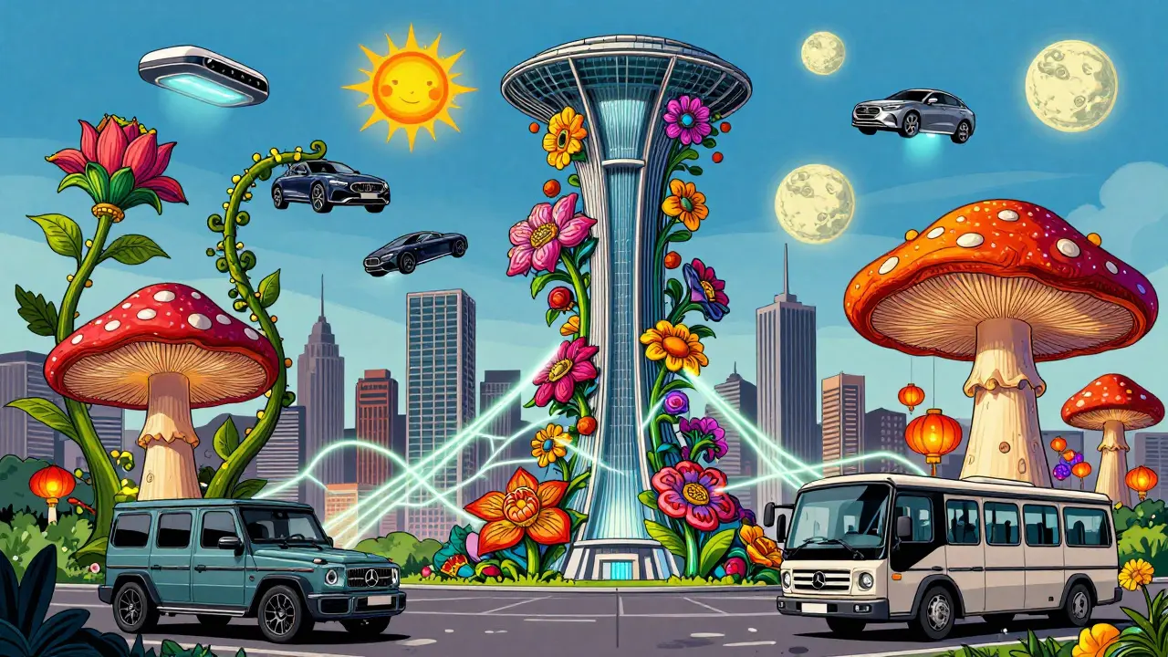Сюрреалистичный город, где Brabus, Aston Martin и другие подразделения Mercedes-Benz превращены в цветущие органические структуры.