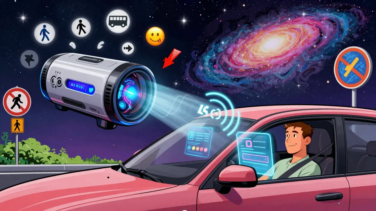 Умный регистратор с ИИ, анализирующий пешеходов и остановки автобусов в космическом стиле.