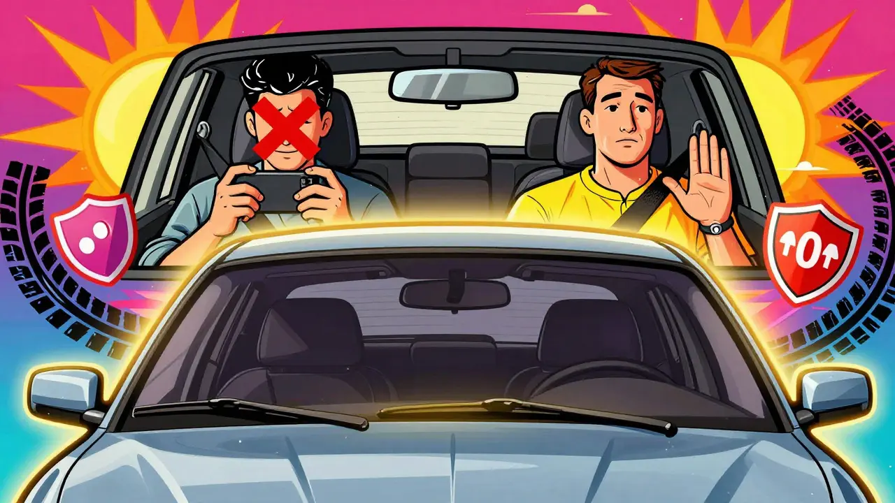 Вид через лобовое стекло: колёса впереди идущей машины видны над капотом — ключевой признак безопасной дистанции.