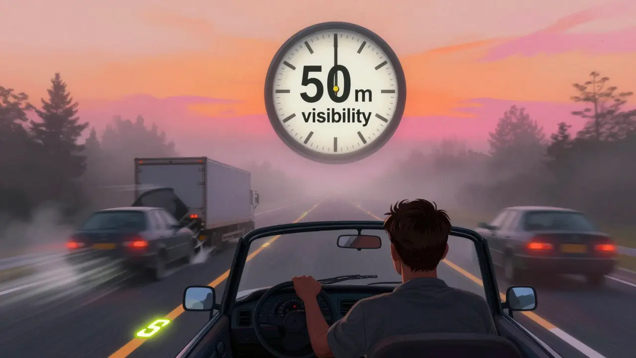 Водитель медленно едет в тумане, рядом с ним — огромный цифровой указатель видимости и авария позади.