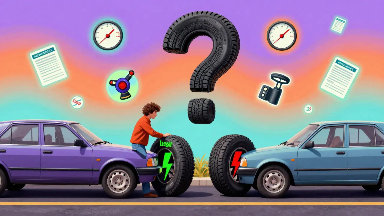 Водитель сравнивает легальные и нелегальные шины под гигантским вопросом в виде протектора