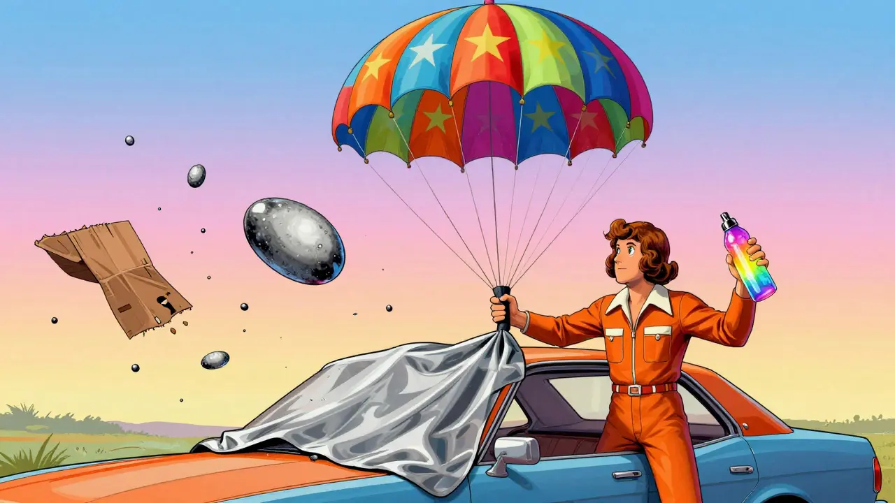 Водитель устанавливает тент на машину, используя бутылку с водой как груз, вокруг — рвущиеся одеяла.