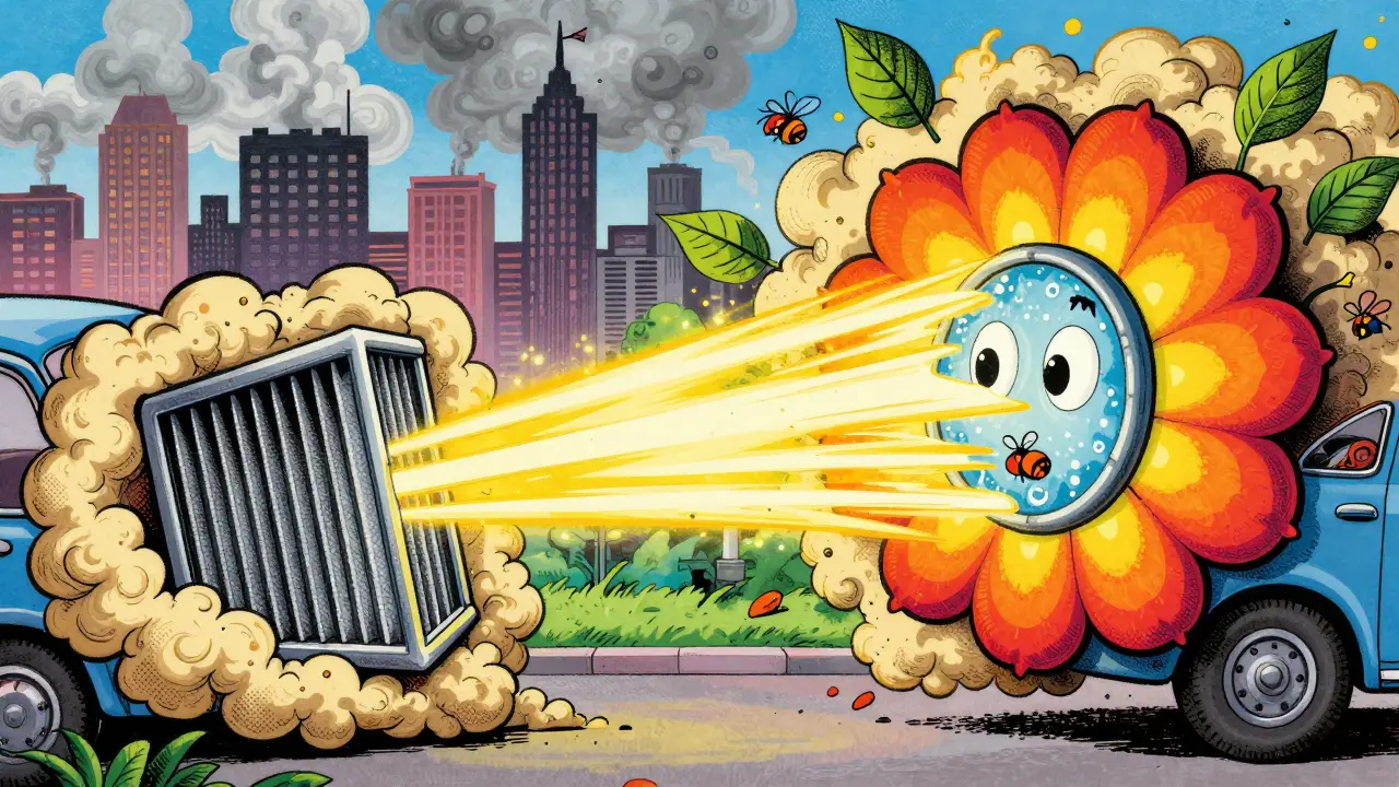 Воздушный фильтр в виде цветка, фильтрующий пыль и листья, окружённый психоделическими узорами.