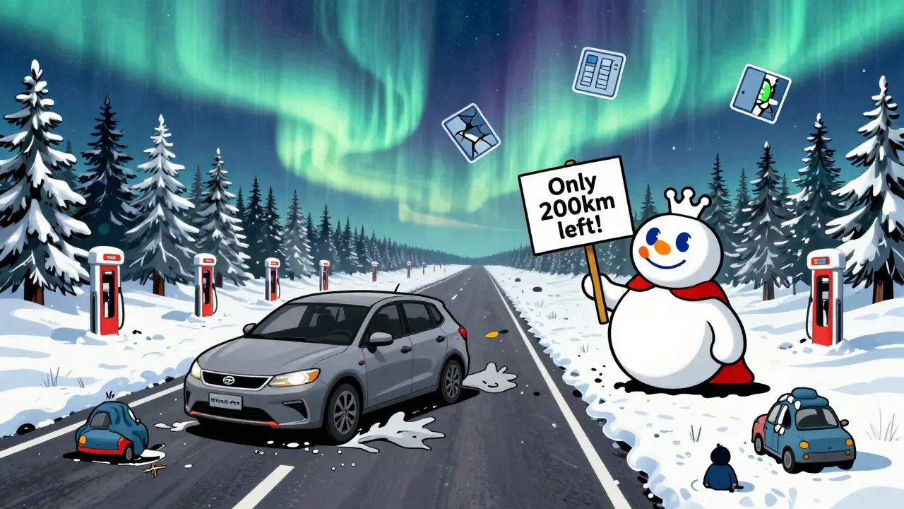 Застрявший электромобиль на снежной дороге зимой с указателем оставшегося запаса хода и замерзшими водителями.