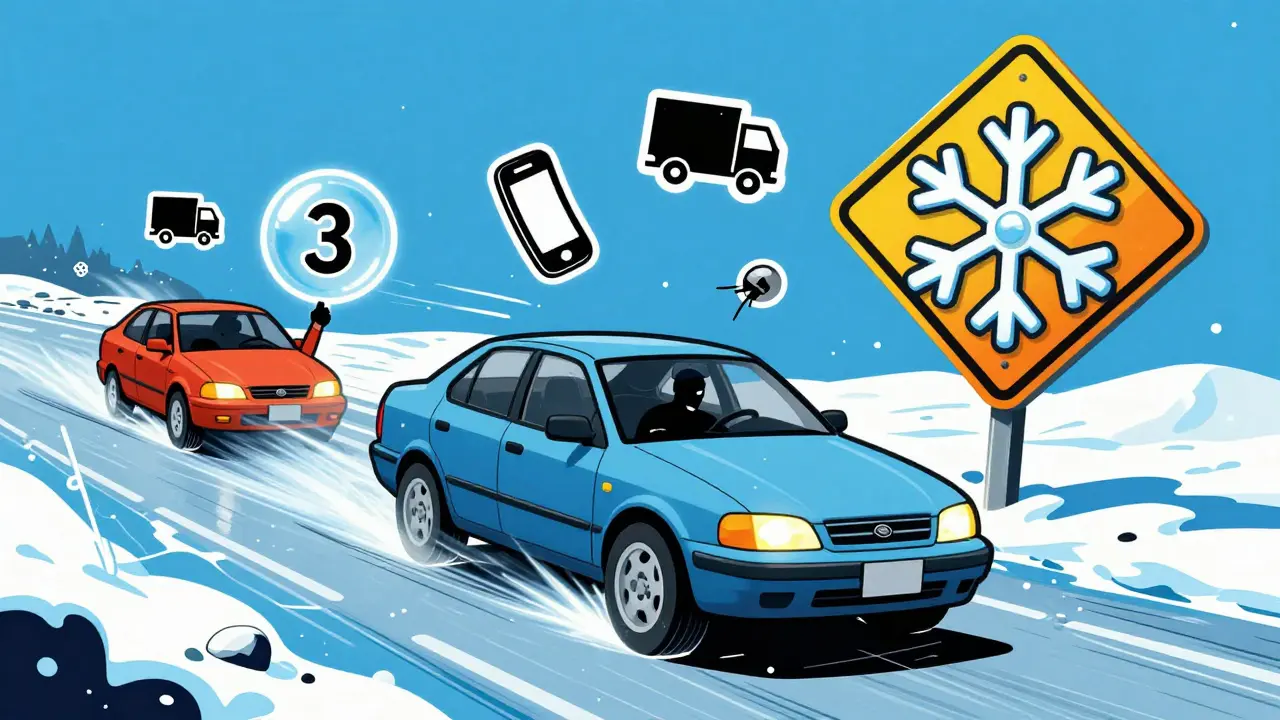Зимняя дорога: машина на льду, позади — трёхсекундная временная метка, вокруг — символы опасности и отвлечённого водителя.