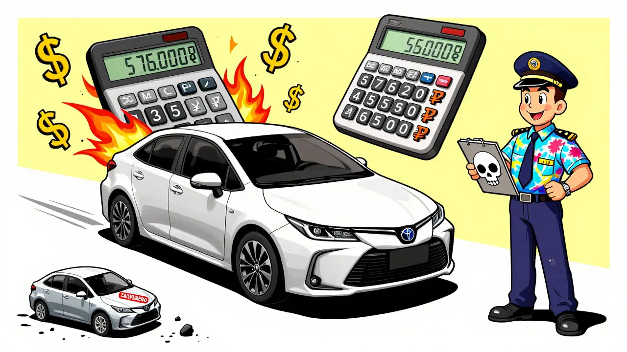 Автомобиль с калькулятором, выдающим огромные суммы пошлин, рядом — запрещенный электромобиль.