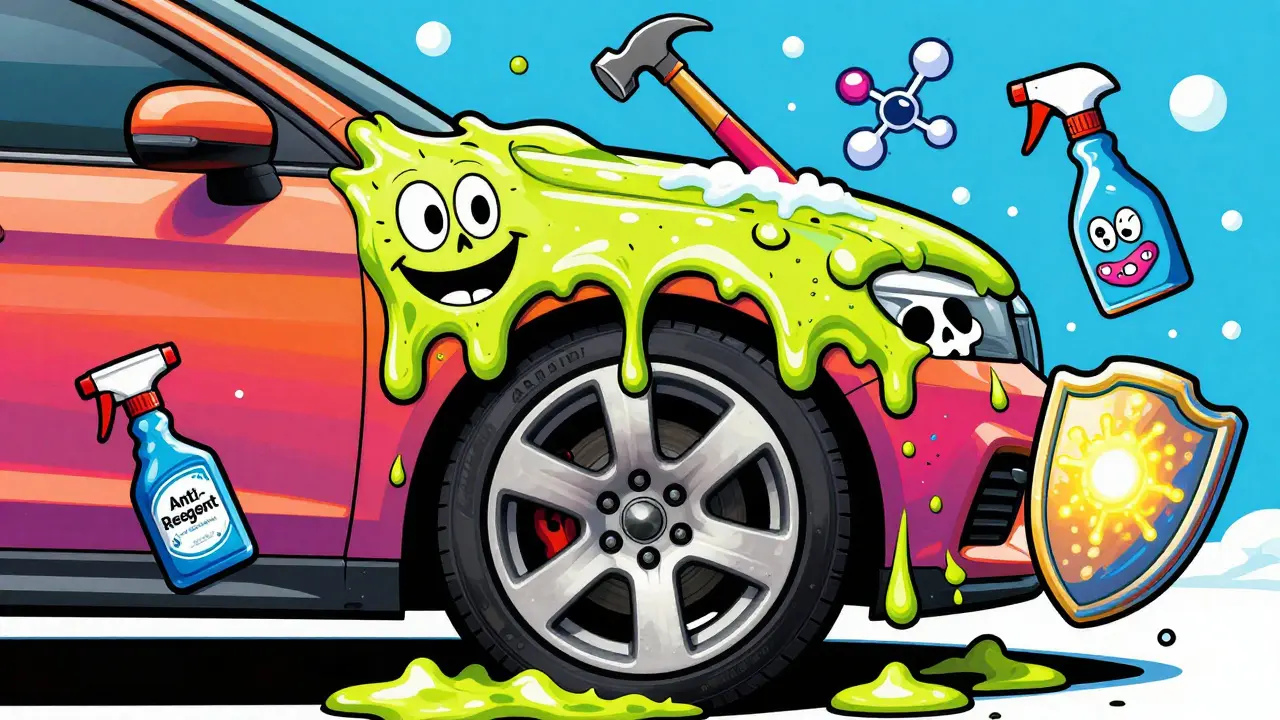 Близкий план колесной арки, капающей соленой грязью в форме смайликов и черепов, с защитными символами вокруг.