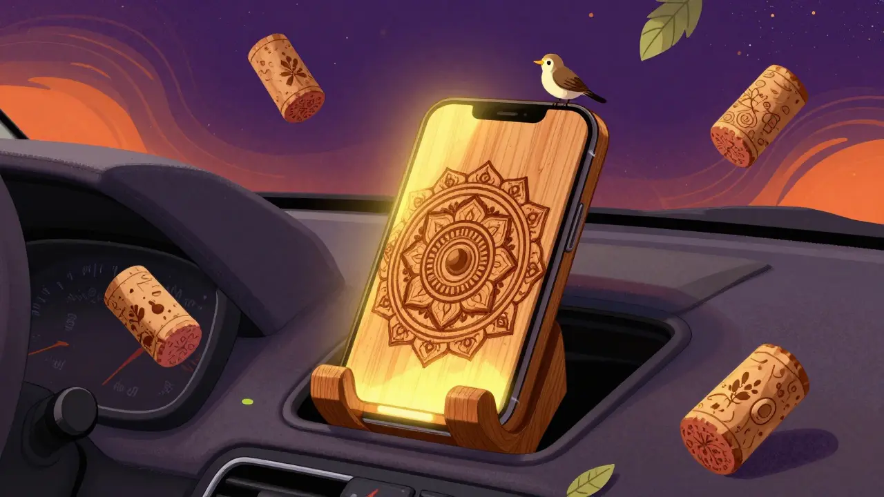 Деревянный держатель с узорами и пробками на приборной панели в ярком психоделическом стиле.