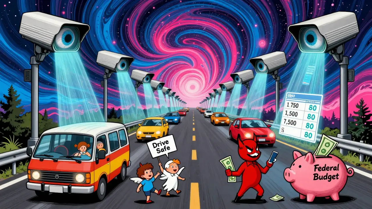 Дорога с камерами-глазами и голографическими штрафами, семья смотрит на растущие цифры в облаках.