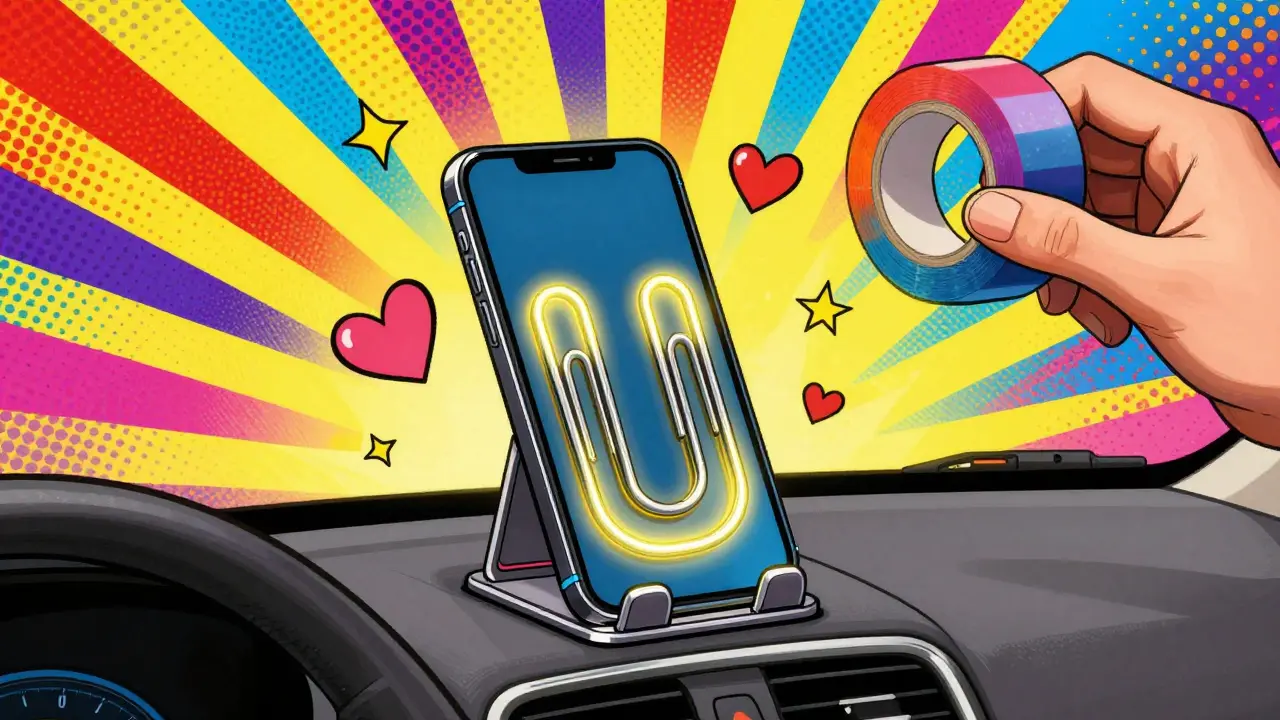 Два гигантских металлических скрепки держат телефон в стиле психоделической иллюстрации.