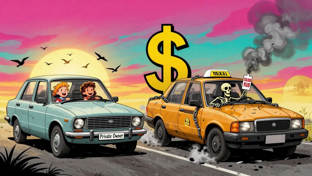 Два сценария: чистая машина семьи и разваливающееся такси с призраком водителя и цепями из денег.