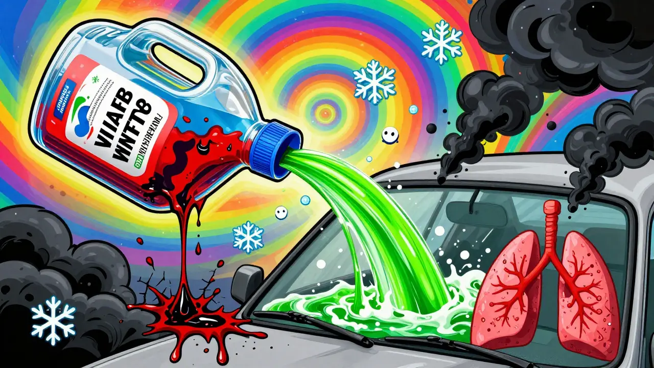 Две стороны бутылки: одна разрушает авто, другая очищает стекло и защищает лёгкие.