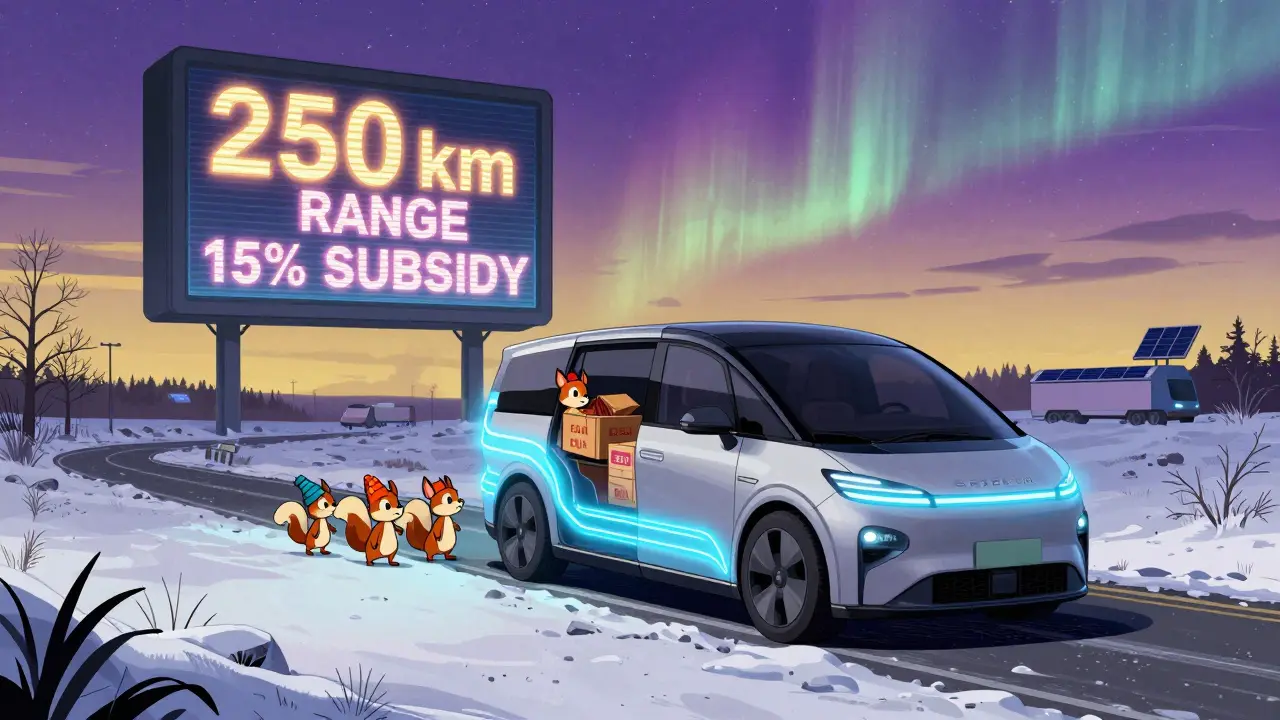 Электрическая версия ГАЗель Next на снегу с животными, разгружающими товары под северным сиянием.