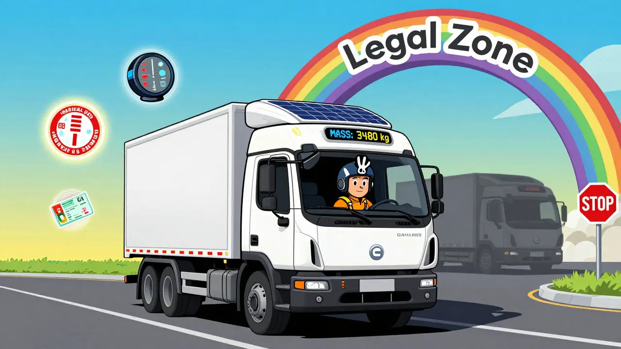 Электрический грузовик с цифровым дисплеем массы и символами законности, стиль Питера Макса.