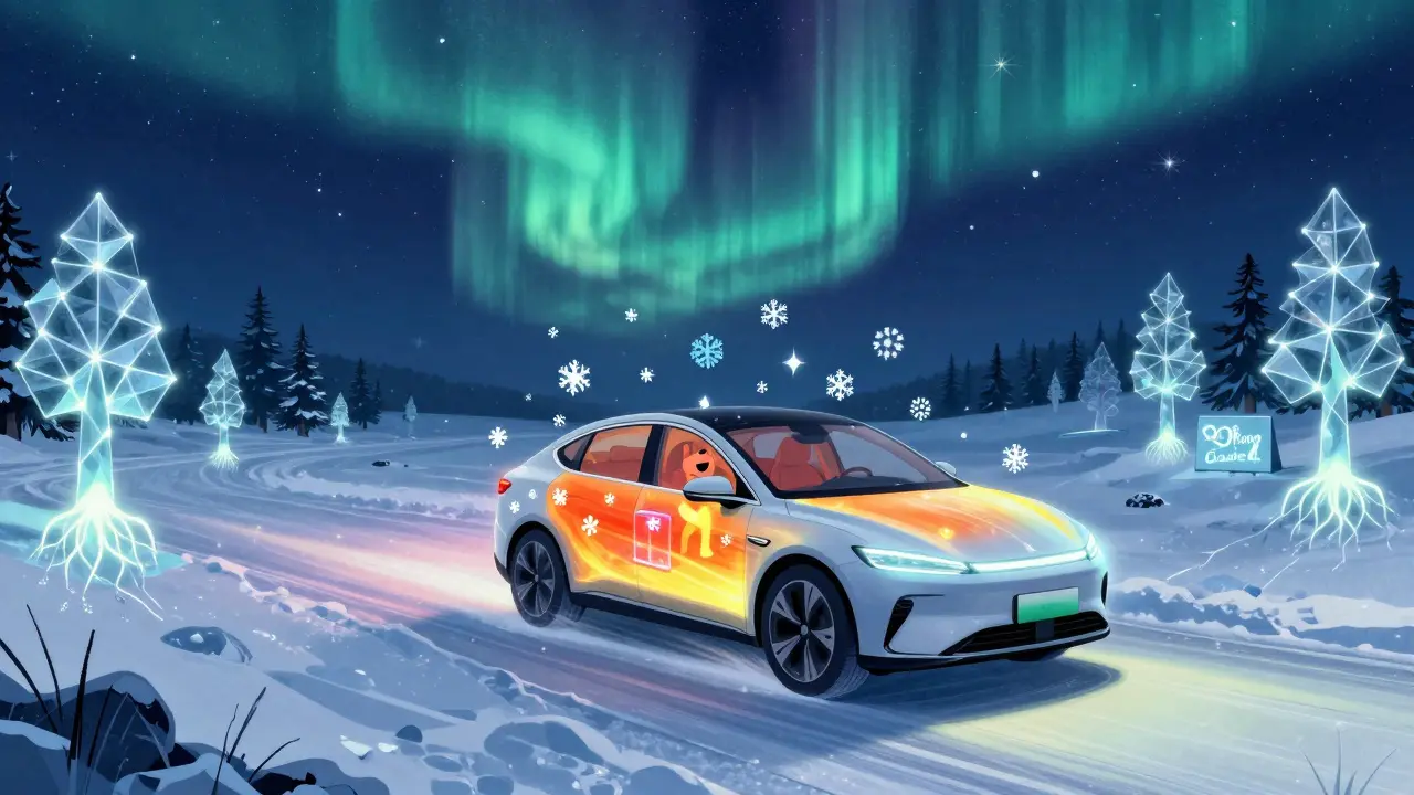 Электромобиль едет по снегу под северным сиянием, его батарея светится, как аура, в зимнем пейзаже.