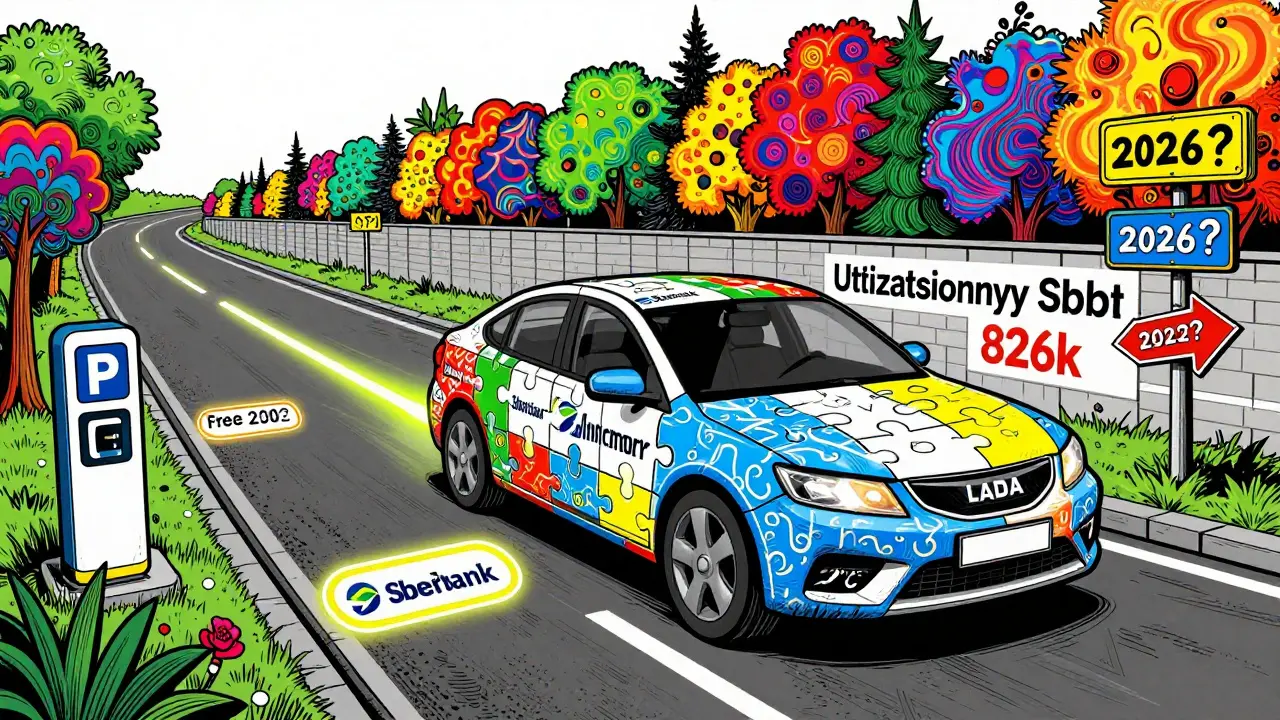 Электромобиль из пазлов едет по дороге, разделяющейся на светлый путь льгот и тёмный путь пошлины.