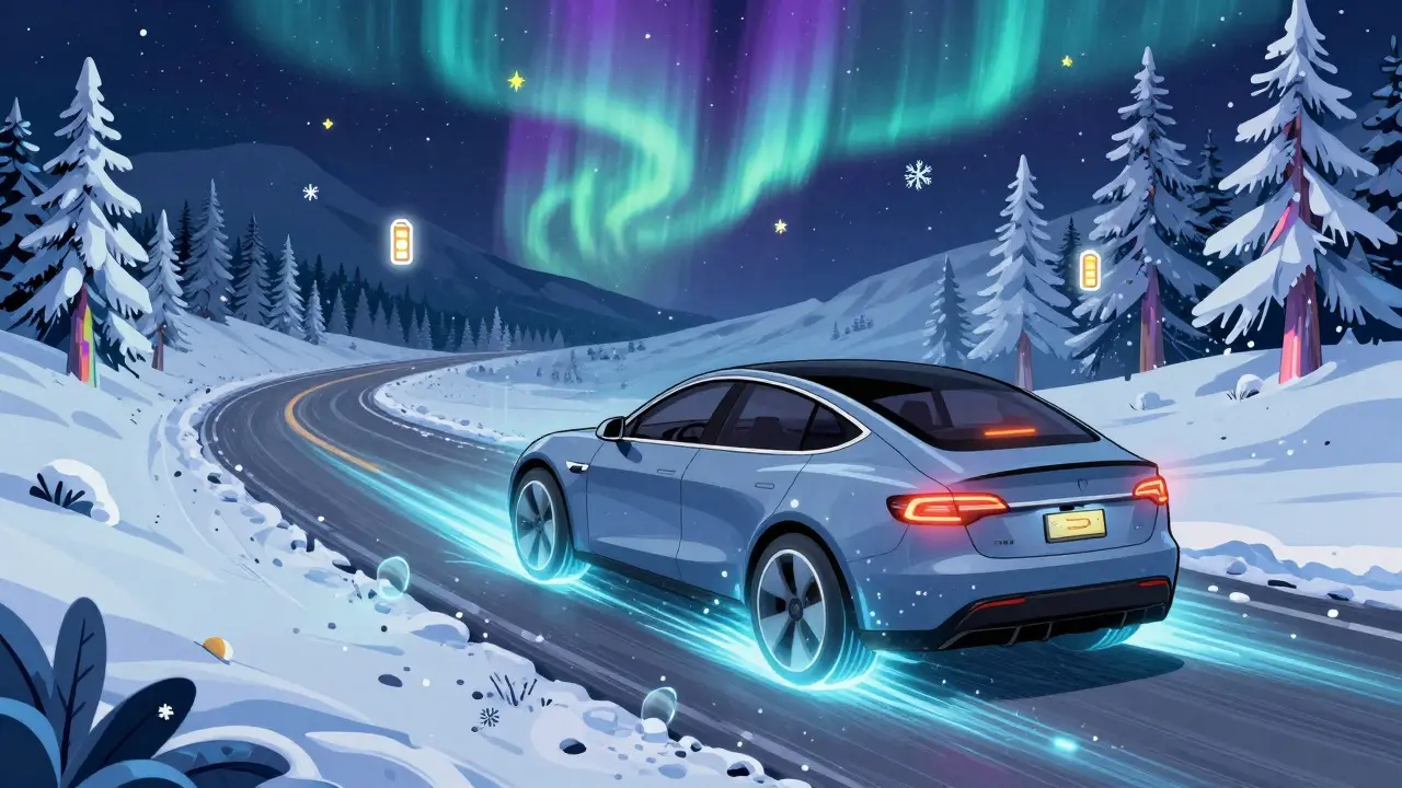 Электромобиль на снежном спуске, где энергия течет в виде сияющих потоков в морозную ночь.