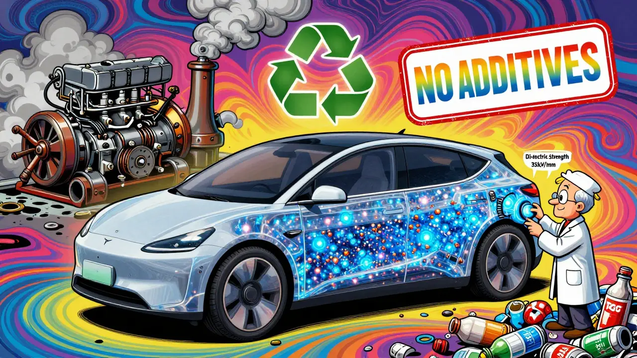 Электромобиль с наночастицами меди и символом 'без присадок' в ярком психоделическом стиле